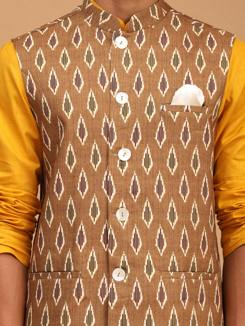 Vastramay Men's Green Printed Cotton Nehru Jacket With Mustard Kurta And White Pyjama Set